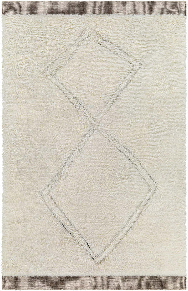 Close-up of the Eguia Area Rug, a hand-knotted wool rug with a geometric diamond pattern and brown striped edges. Oatmeal color. Design-Rectangle-576