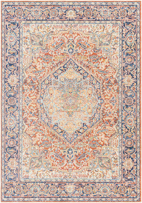 Detailed Eilis Area Rug with terracotta, denim, and lambswool colors. Traditional rectangular design, machine woven. Design-Rectangle-5373