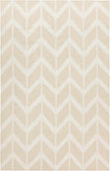 Close-up of the Elamton Area Rug with a contemporary beige and cream chevron pattern. Hand woven wool texture. Design-Rectangle-58