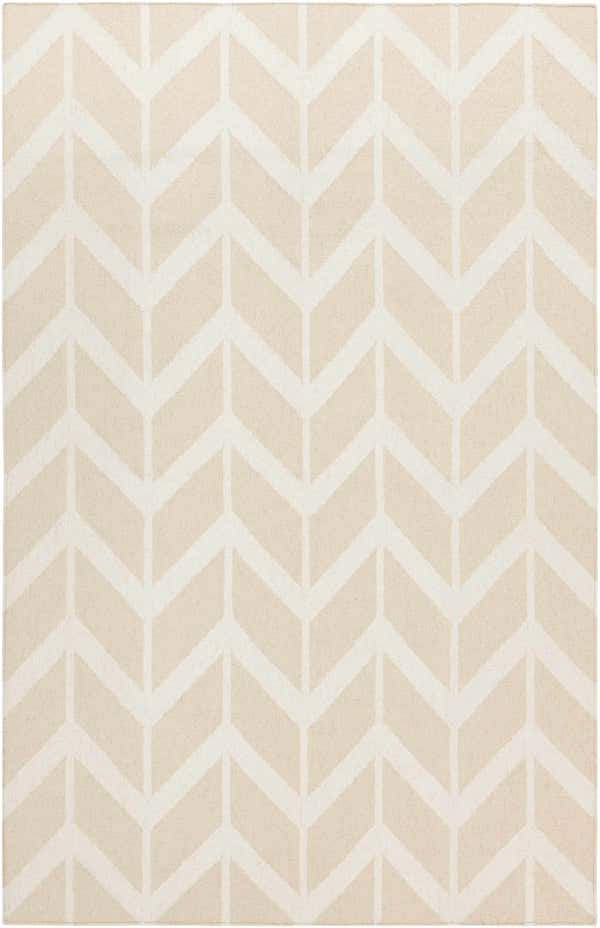 Close-up of the Elamton Area Rug with a contemporary beige and cream chevron pattern. Hand woven wool texture. Design-Rectangle-58
