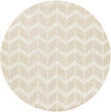 Close-up of a round Elamton Area Rug. Beige and cream wool with a modern geometric chevron pattern. Hand woven. Design-Round-8