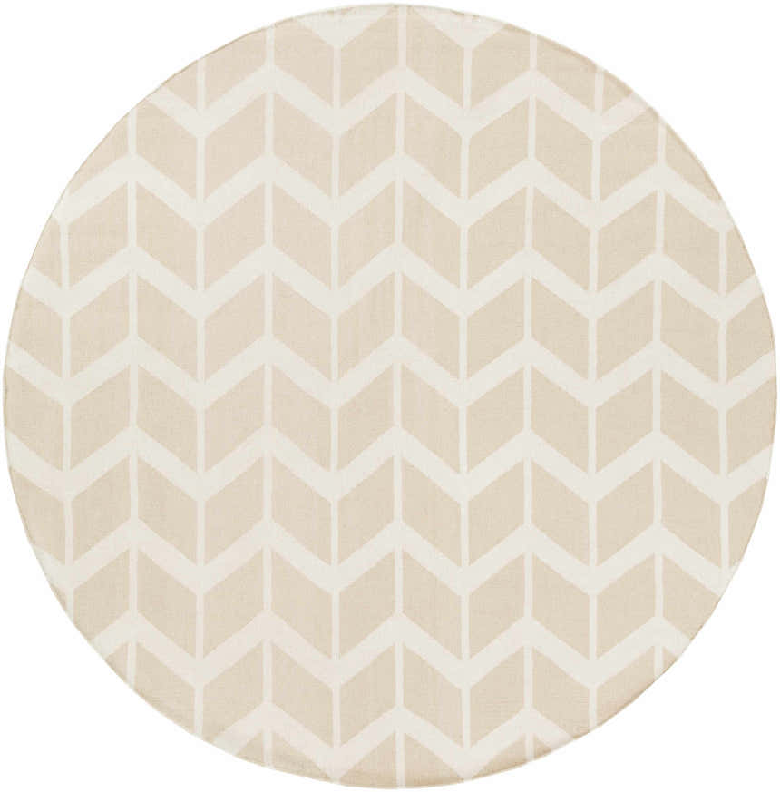 Close-up of a round Elamton Area Rug. Beige and cream wool with a modern geometric chevron pattern. Hand woven. Design-Round-8