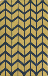 Close-up of the hand woven Eland Area Carpet. Dark blue chevron pattern on an olive green, 100% wool rug. Design-Rectangle-58