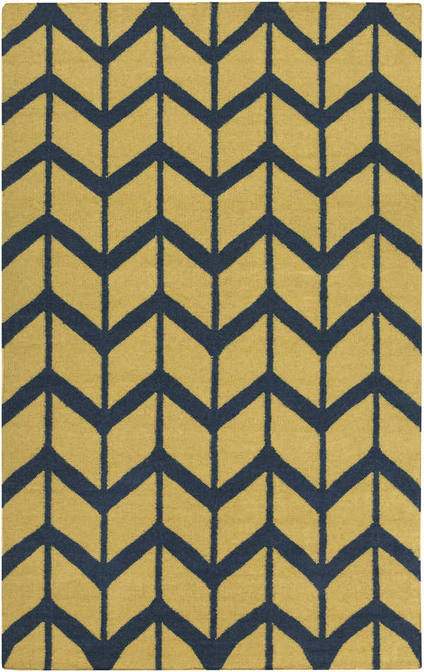 Close-up of the hand woven Eland Area Carpet. Dark blue chevron pattern on an olive green, 100% wool rug. Design-Rectangle-58