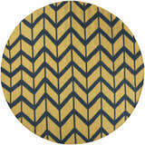 Close-up of round Eland Area Carpet. Dark blue chevron pattern on olive 100% wool rug. Hand woven texture. Design-Round