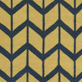 Close-up of the Eland Area Carpet; dark blue geometric pattern on olive wool rug. Swatch