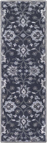 Close-up of the Conesus Hand Tufted Blue Area Rug. Wool rug with a traditional floral pattern in charcoal, denim, and slate blue. Design-Runner-268