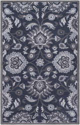 Detailed view of the Conesus Hand Tufted Blue Area Rug. Features a traditional floral pattern in shades of blue, charcoal, and gray. Design-Rectangle-58