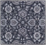 Close up of the Conesus Hand Tufted Blue Area Rug with a traditional floral pattern in charcoal, denim, and slate blue. Design-Square-6