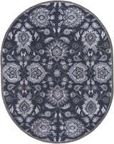 Oval Conesus Hand Tufted Blue rug with a traditional floral pattern in shades of charcoal, denim, and slate blue. Design-Oval-810