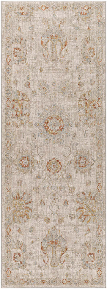 Close-up of the Elimbah Thick Luxe Area Rug. Beige rug with brick red, mustard, and blue traditional floral pattern. Design-Runner-2773