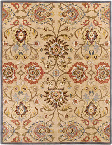 Detailed floral pattern of the Caesar 1116 Beige & Rust Wool Rug. Traditional oriental style rug with rust, blue, and tan accents. Design-Rectangle-7696