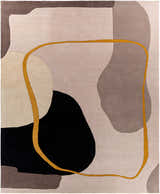 Close-up of the Elliminyt Area Rug. Hand-tufted wool rug with charcoal, gray, ivory, and mustard geometric shapes. Design-Rectangle-810