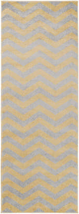 Close-up of the Eloy Area Rug. Charcoal and mustard chevron pattern. Soft, textured polypropylene rug. Design-Runner-2773