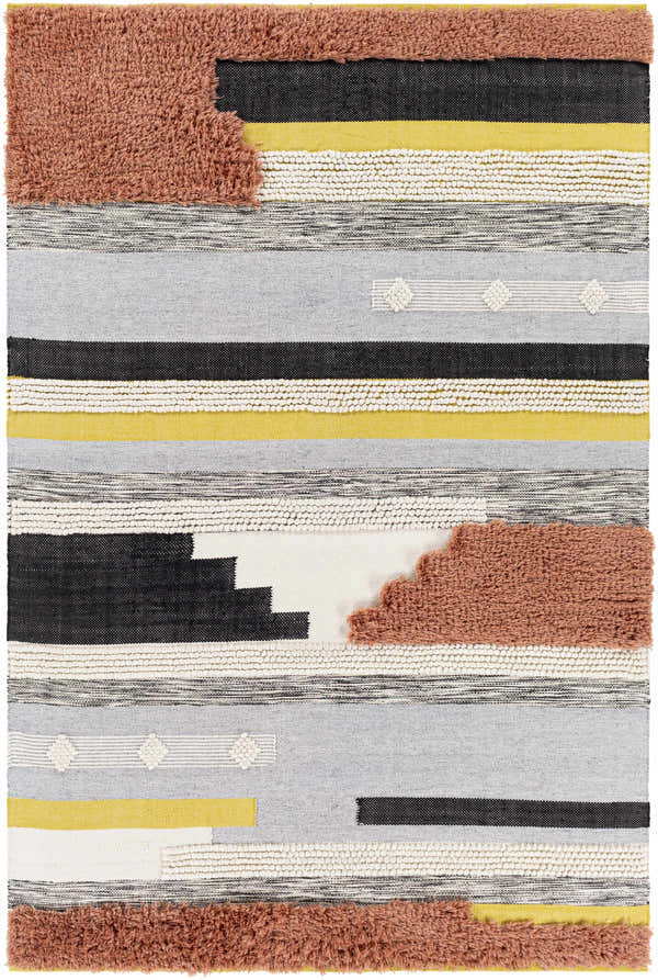 Close-up of the Elsenham Area Rug. Hand-woven cotton rug with black, gray, cream, mustard, and rust colored stripes and tufted accents. Design-Rectangle-576