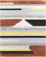 Close-up of Elsenham Area Rug. Hand-woven cotton rug with black, brick red, cream, gray, mustard, and rust horizontal stripes. Design-Rectangle-810