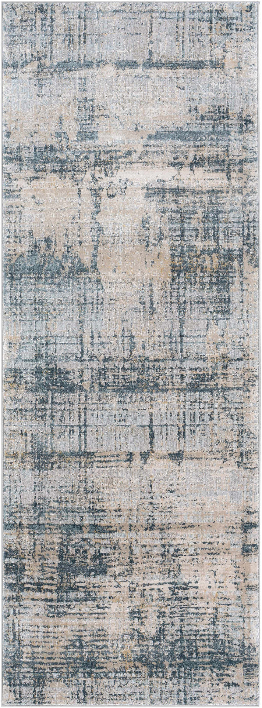 Close-up of the Eltham Thick Luxe Rug. Contemporary design in dusty sage, light gray, and taupe hues. Machine woven texture. Design-Runner-2710