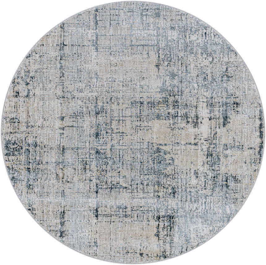 Round Eltham Thick Luxe Rug with a contemporary abstract pattern in dusty sage, light gray, and navy. Design-Round-53