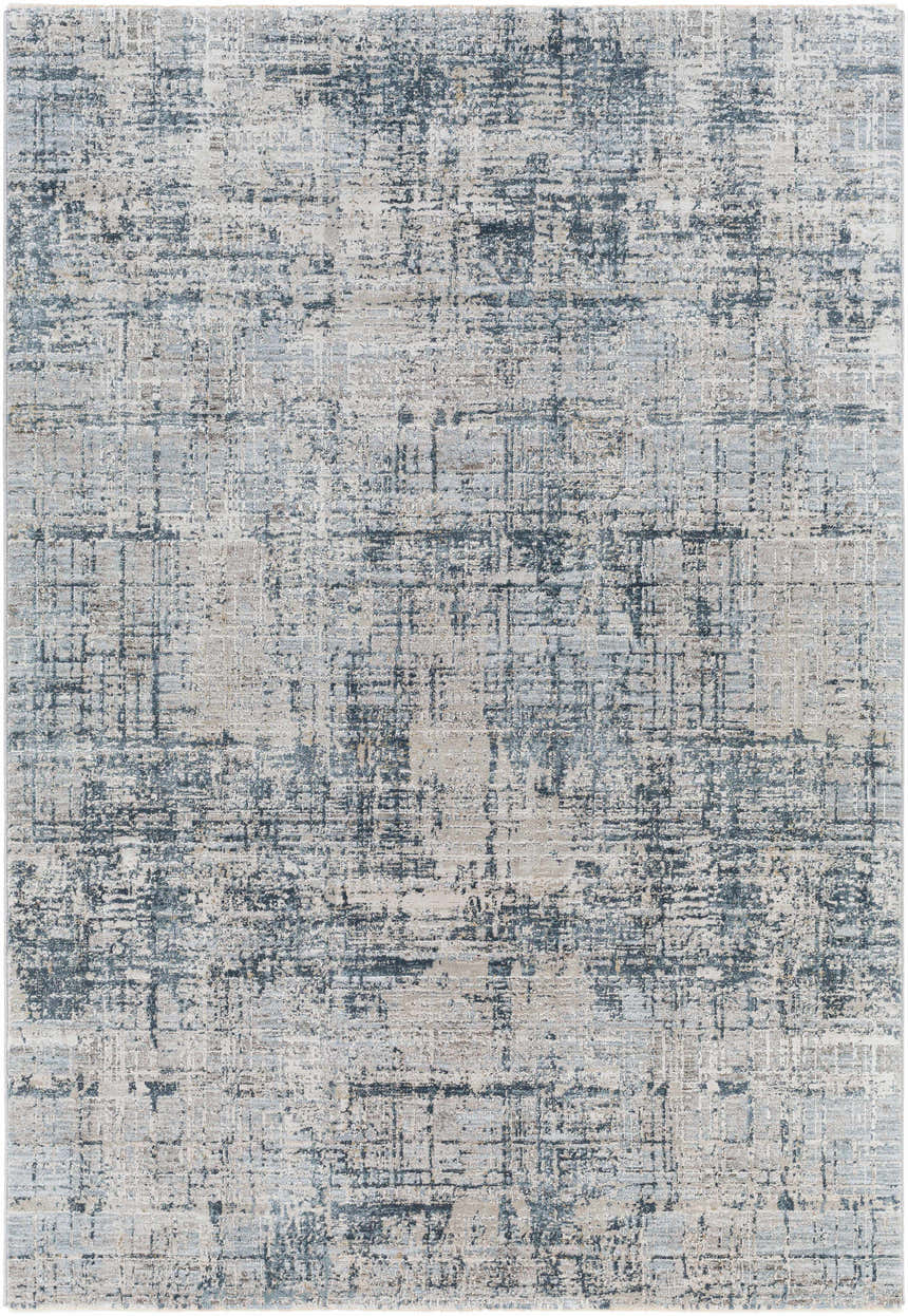Close-up of the Eltham Thick Luxe Rug, featuring a contemporary abstract pattern in dusty sage, light gray, and navy. Design-Rectangle-575