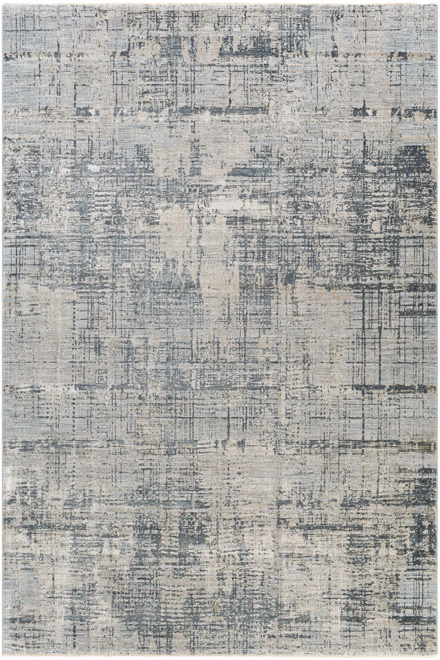 Close-up of the Eltham Thick Luxe Rug in light gray, navy, and taupe. Contemporary style with a subtle abstract pattern. Design-Rectangle-6796