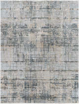 Close-up of the Eltham Thick Luxe Rug showcasing its abstract, grid-like design in light gray, taupe, and navy. Design-Rectangle-710103