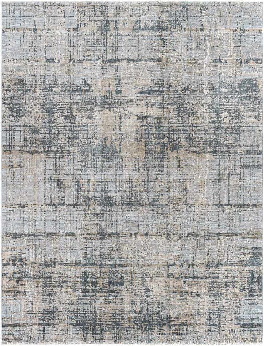 Close-up of the Eltham Thick Luxe Rug showcasing its abstract, grid-like design in light gray, taupe, and navy. Design-Rectangle-710103