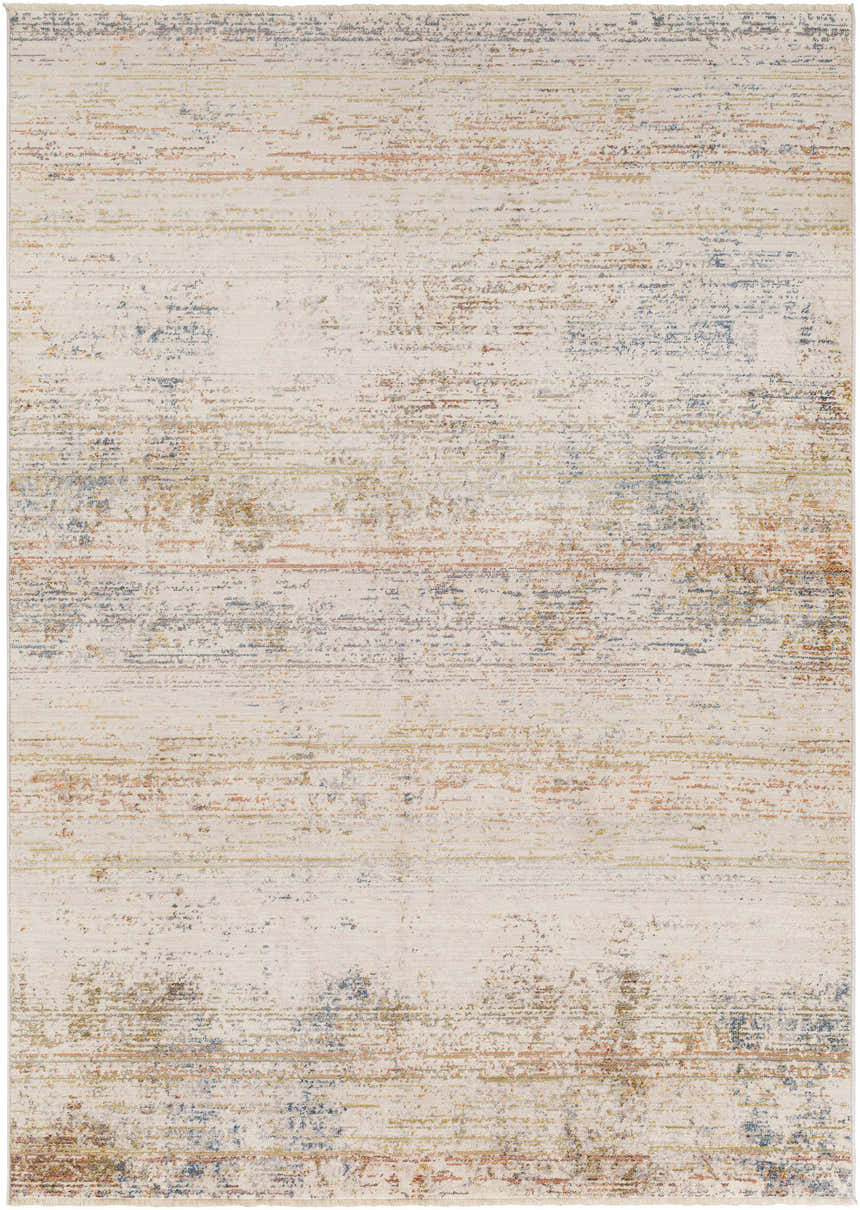Close-up of Eltingville Area Rug. Contemporary design with brick red, burnt orange, blue, and gray hues. Design-Rectangle-58