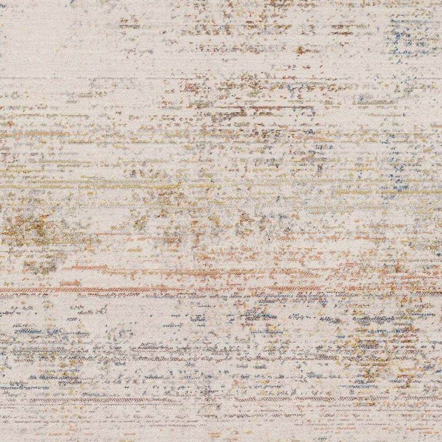 Close-up of Eltingville Area Rug showing a distressed, contemporary design with brick red, blue, and gold accents on a cream base. Swatch