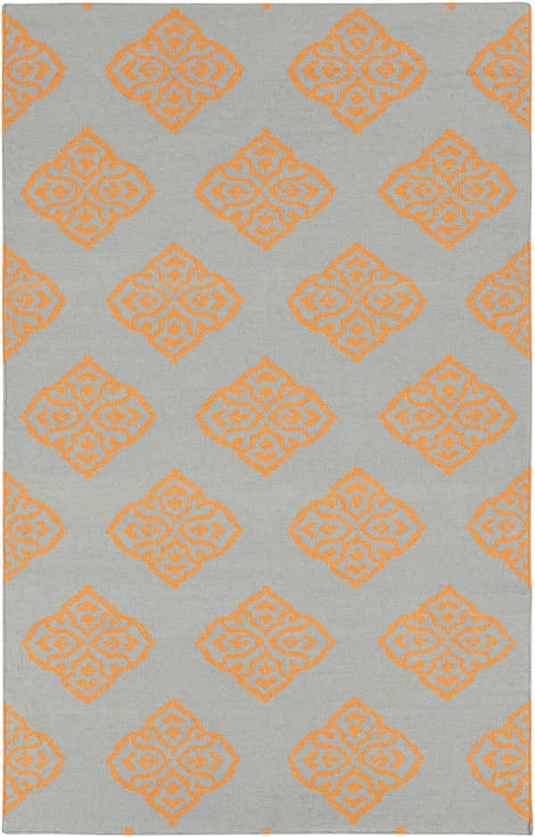 Close-up of the Elwin Area Rug, a wool runner with an oatmeal background and orange geometric diamond pattern. Design-Rectangle-58