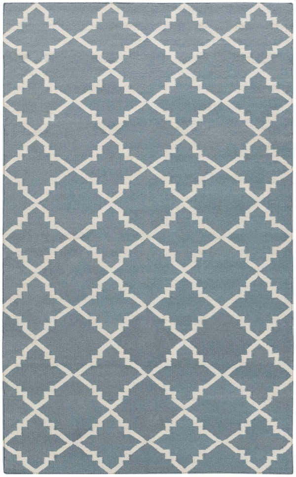 Close-up of Elyria Area Rug. Hand-woven wool rug in teal with a cream geometric lattice pattern. Contemporary style. Design-Rectangle-58