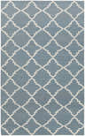 Close-up of Elyria Area Rug. Hand-woven wool rug in teal with a cream geometric lattice pattern. Contemporary style. Design-Rectangle-58