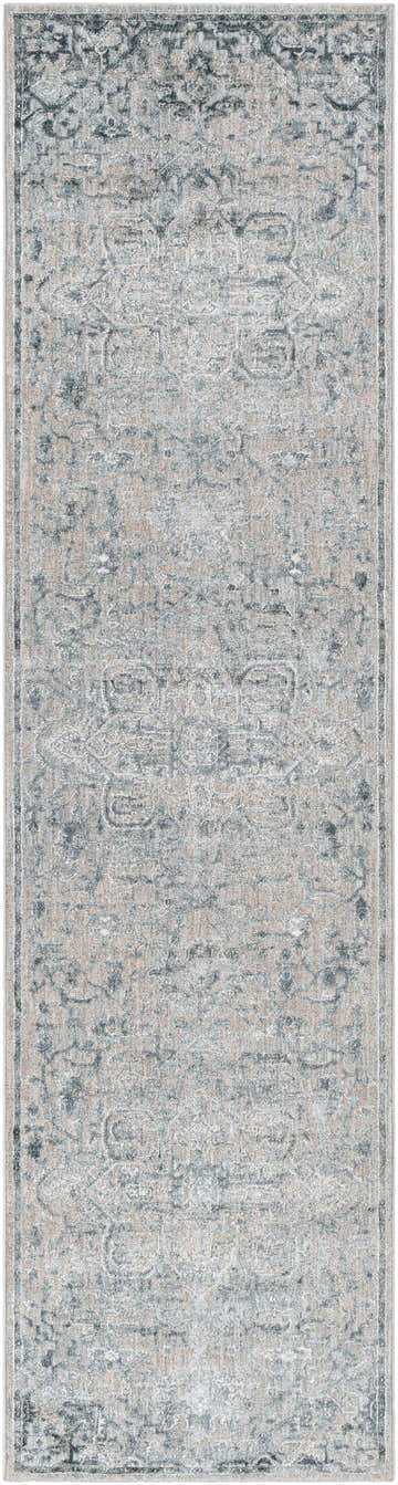 Close-up of the Embsay Teal Boutique Rug. Features a traditional design with teal, beige, and gray tones. Design-Runner-2710
