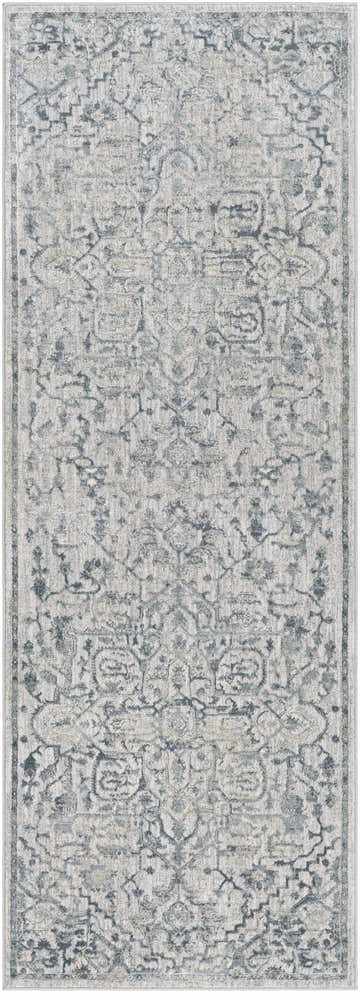 Close-up of Embsay Teal Boutique Rug. Features a traditional design in deep teal, dusty sage, beige, gray, and taupe. Design-Runner-2773
