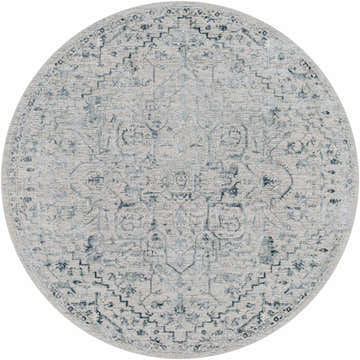 Close-up of round Embsay Teal Boutique Rug. Features traditional design in deep teal, dusty sage, light beige and gray. Design-Round-53