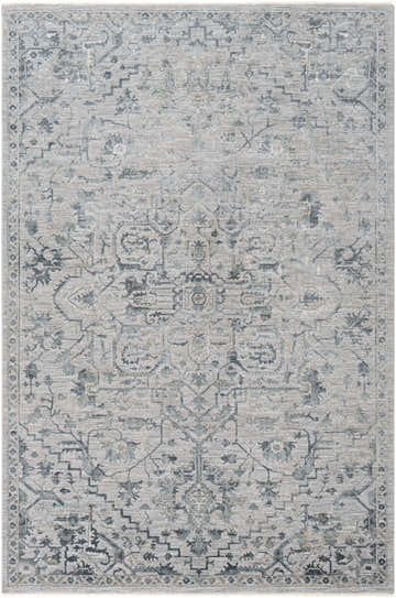 Close-up of the Embsay Teal Boutique Rug featuring a traditional pattern in deep teal, sage, beige, and gray tones. Design-Rectangle-6796