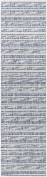 Close-up of the Emirgazi Striped Nordic Rug. Blue and off-white stripes with a subtle textured pattern. Bohemian style. Design-Runner-2710