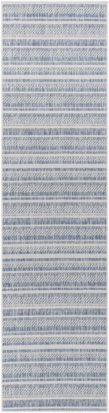 Close-up of the Emirgazi Striped Nordic Rug. Blue and off-white stripes with a subtle textured pattern. Bohemian style. Design-Runner-2710