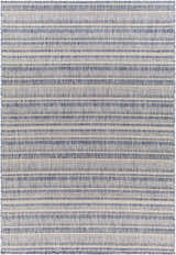 Close-up of the Emirgazi Striped Nordic Rug. Blue and oatmeal stripes create a textured, bohemian design. Design-Rectangle-5377