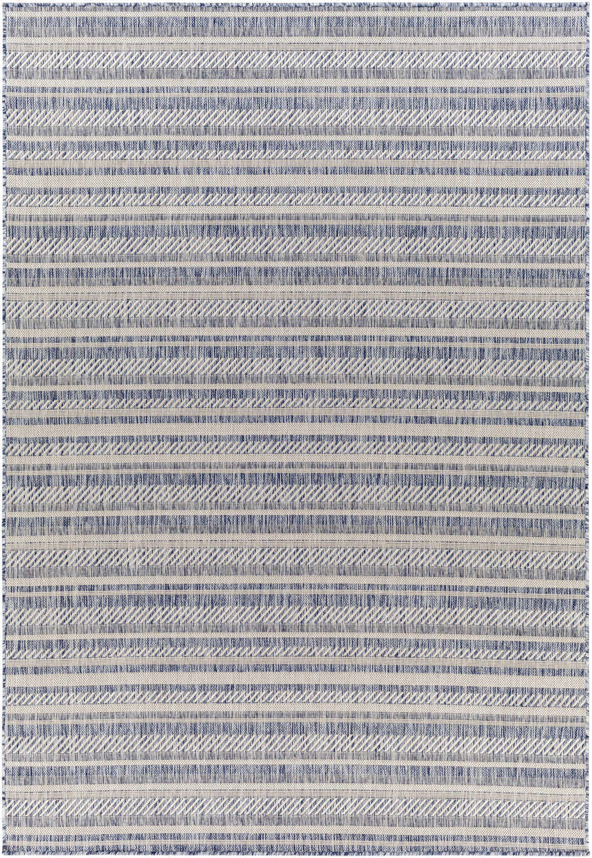 Close-up of the Emirgazi Striped Nordic Rug. Blue and oatmeal stripes create a textured, bohemian design. Design-Rectangle-5377