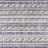 Close-up of the Emirgazi Striped Nordic Rug. Blue and oatmeal stripes with a subtle geometric pattern. Machine woven texture. Swatch