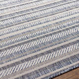 Close-up of the Emirgazi Striped Nordic Rug. This rug features a blue, gray, and off-white striped design. Texture