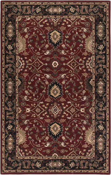Detailed view of the Encinitas Wool Area Rug, featuring a traditional Persian-inspired design in burgundy, black, and beige tones. Design-Rectangle-58