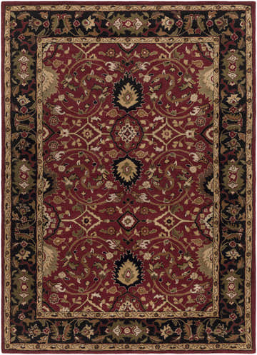 Detailed view of the Encinitas Wool Area Rug, featuring a red, black, and beige Persian-inspired floral pattern. Design-Rectangle-811