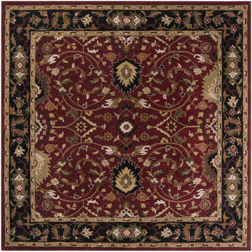 Detailed floral pattern on a red Encinitas Wool Area Rug with black, beige, and olive accents. Hand-tufted texture. Design-Square-8
