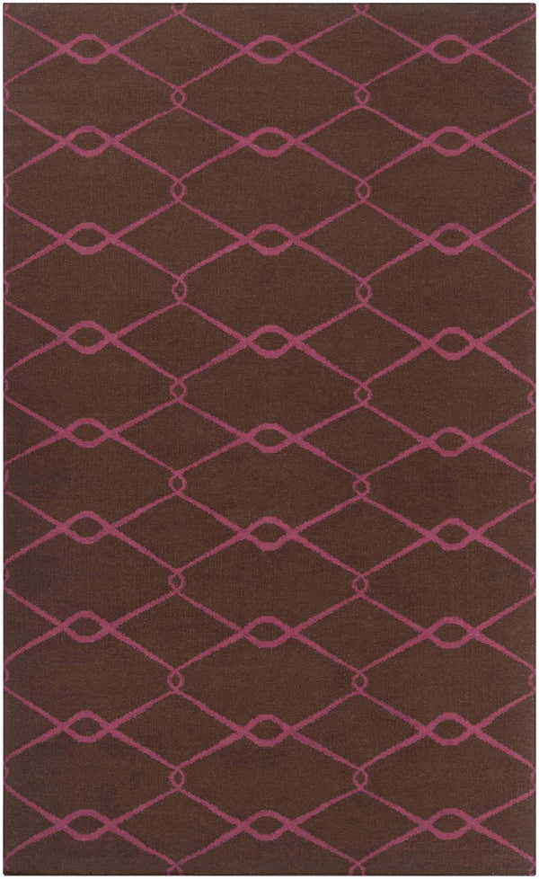 Close-up of the Enfield Area Rug. Dark brown wool with a magenta diamond trellis pattern. Hand woven texture. Design-Rectangle-58