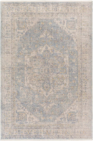 Close-up of Tusa Blue Area Rug. Machine-woven polyester rug with traditional oriental design in dark blue, ivory, and light gray. Design-Rectangle-537