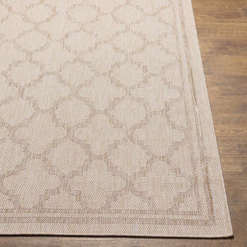 Close-up of the Noam Beige Indoor & Outdoor Rug showing its bone color and traditional geometric pattern. Front