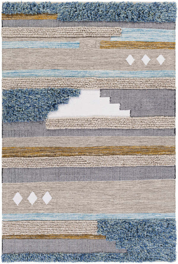 Close-up of Ephraim Carpet with aqua, tan, blue, and white hues. Hand-woven wool rug with farmhouse style and unique textures. Design-Rectangle-576