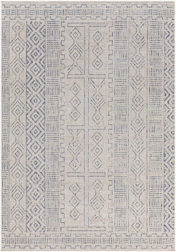 Close-up of the Epson Indoor Outdoor Rug. Bohemian style with a geometric blue pattern on an oatmeal background. Design-Rectangle-5377