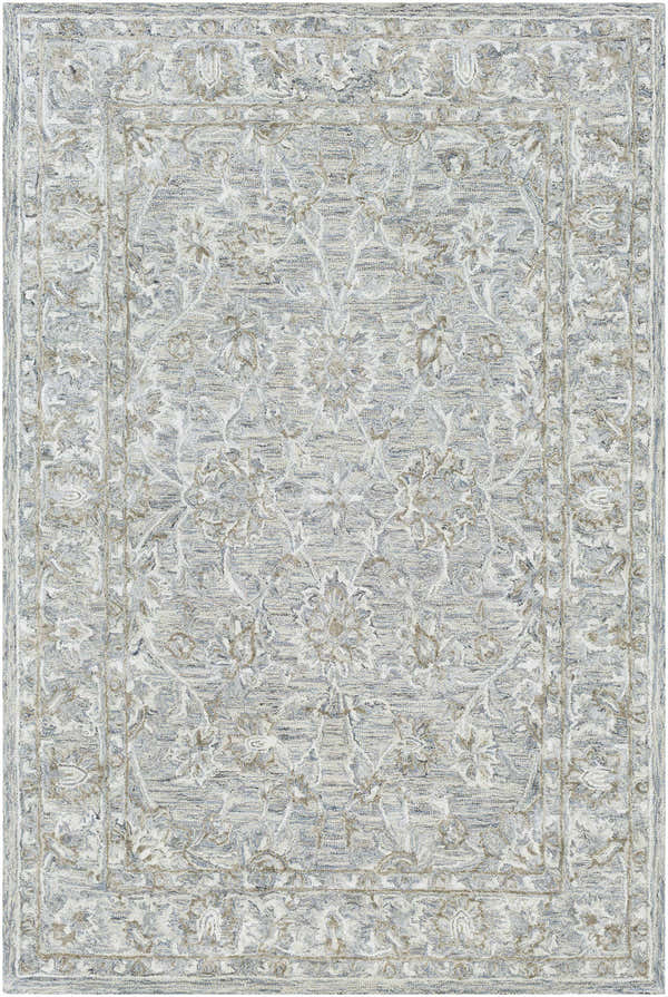 Close-up of the Eriline Wool & Faux Silk Rug. Features denim, ivory, sage, and taupe floral pattern. Hand-tufted texture. Design-Rectangle-576